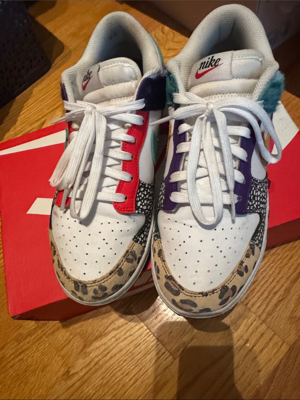 Nike White Multi-Accent Low Top Sneakers with Teal Fur and Gold Swoosh - Picture 2 of 4